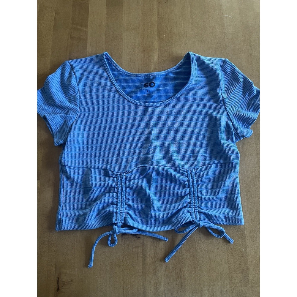 SO Women's Solid Blue Scoop Neck Short Sleeve Ruched Drawstring Knit Top Sz L